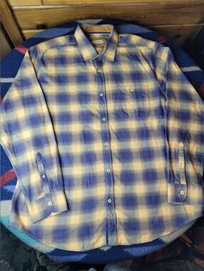 32 Bar Blues Button Up Shirt Mens XL Long Sleeve Yellow Blue Plaid Flannel